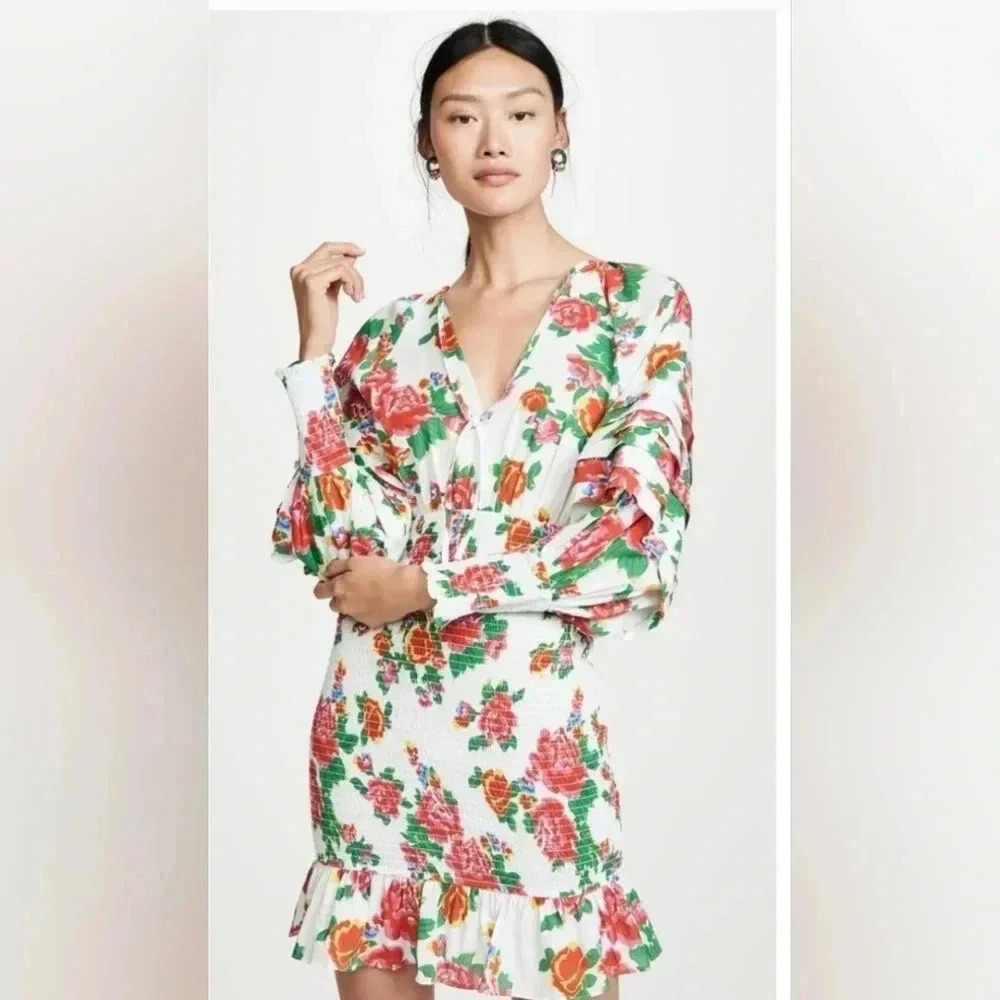 Rhode Mini Dress Anya Floral Smocked Dress Puff Long Sleeve V Neck L